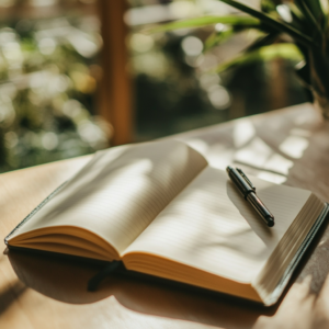 Open Journal on a table with gentle sunlight on pages, by a sunny window.